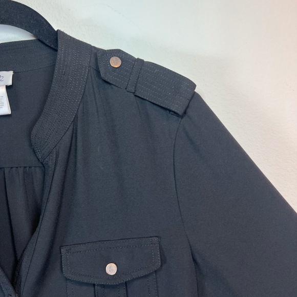 Cache Women's Mini Shirt Dress Black  Roll Tab Long Button Front V-Neck  Size 10 - Picture 4 of 16